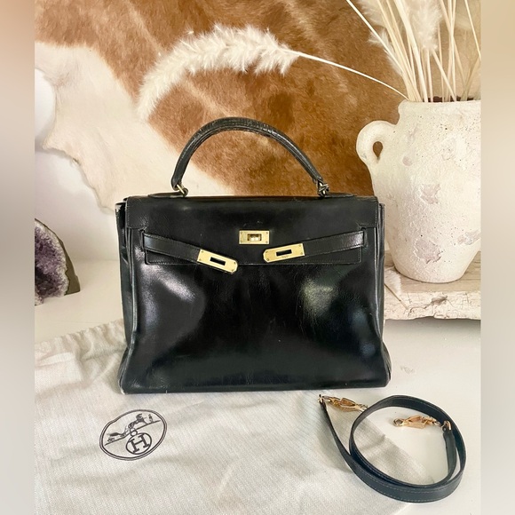 HERMES | Vintage 1966 Bonwit Teller Kelly 32 Black Box Calf Leather Bag - Picture 2 of 16